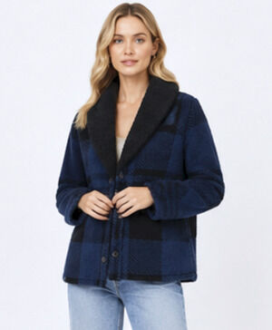 BAREFOOT DREAMS INDIGO PLAID COZYCHIC SHEARLING CARDIGAN SWEATER JACKET SZ XS